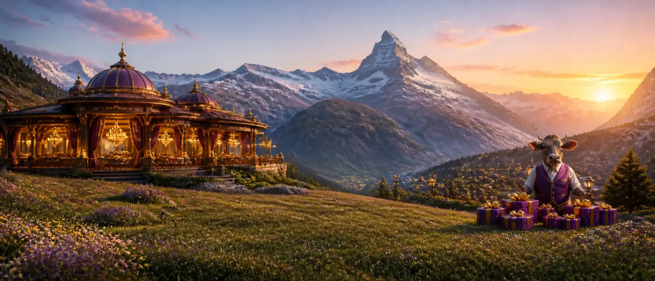 Braunvieh präsentiert Bonusgeschenke vor dem Matterhorn