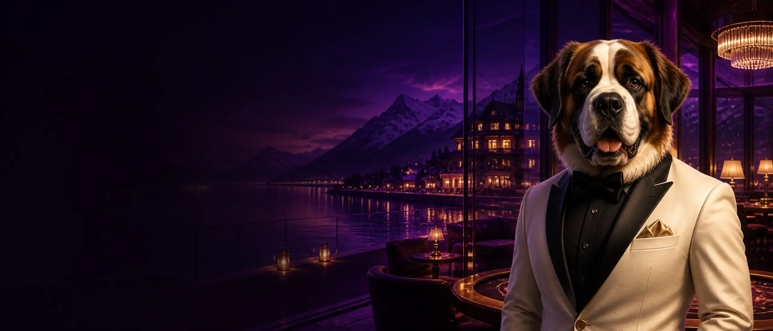 Bizzo Casino Schweiz — Bernhardiner vor nächtlicher Alpen- und Seekulisse