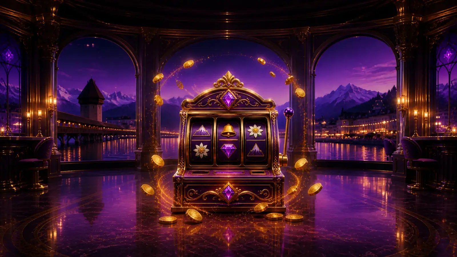 Online-Slot mit Alpenmotiven vor der Luzerner Seepromenade