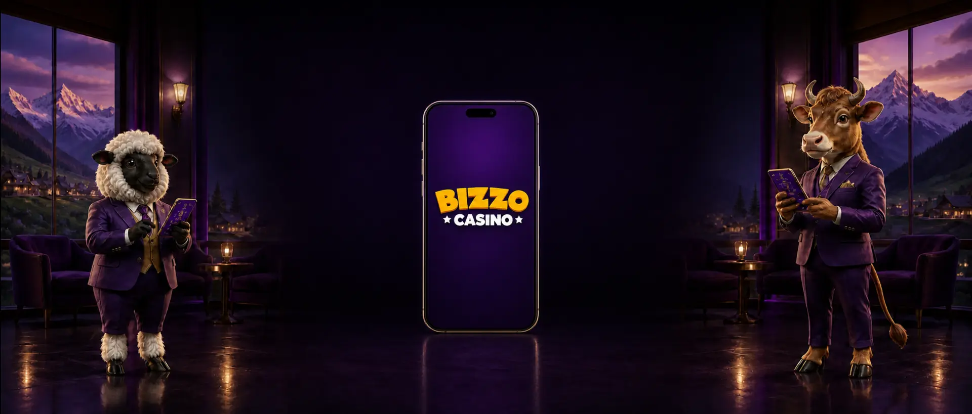 Smartphone mit Bizzo-Casino-Logo zwischen den App-Download-Schaltflächen
